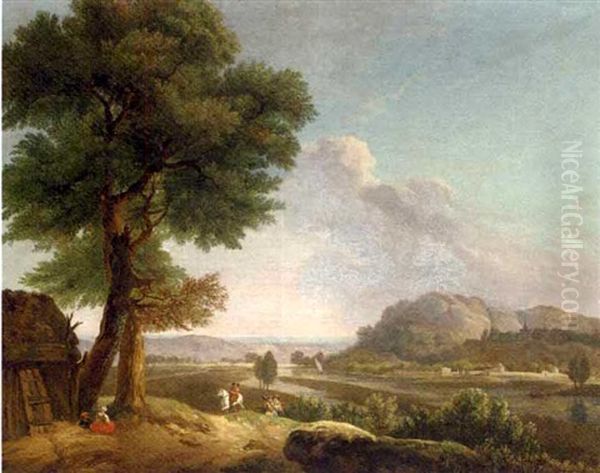 An Extensive River Landscape With Huntsmen And Other Figures By A Hut by Hendrick Frans van Lint