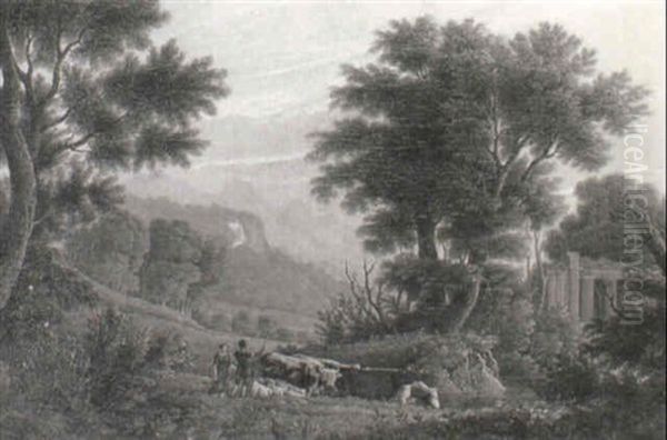 A Wooded Landscape With Shepherds Watering Sheep And Cattle by Hendrick Frans van Lint