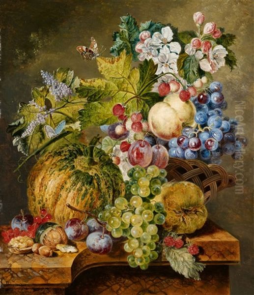 Stillleben Mit Herbstlichen Fruchten Und Blumen by Jacobus Linthorst