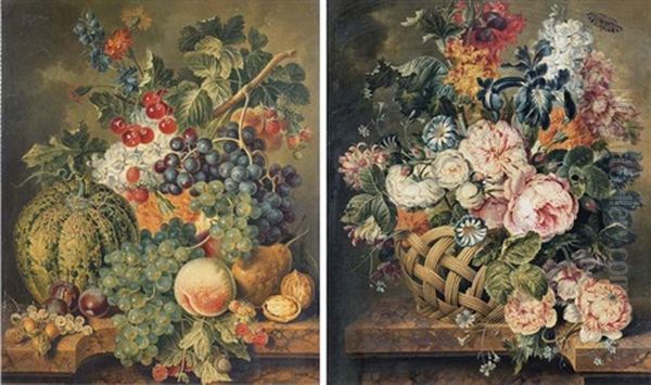 A Melon, White Grapes, Peaches, A Pear, Walnuts, Black Grapes And Cherries With Flowers And A Snail (+ Roses, Carnations, Irises, Cornflowers And Other Flowers; Pair) by Jacobus Linthorst