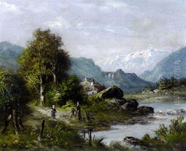 Promeneurs Au Bord De La Riviere Sur Un Sentier De Montagne by Alexander Louis Lion