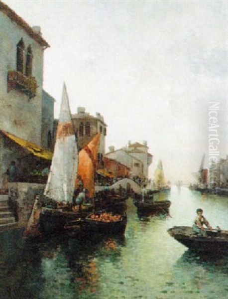 A Venetian Canal Market by Leontine (Lea) von Littrow