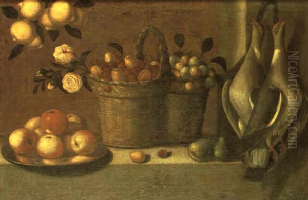 Still Life With A Pair Of Hanging Pigeons, Baskets Of Fruit And Plate Of Apples by Alessandro de Loarte