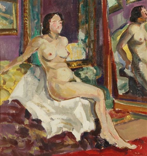 Seated Nude By A Mirror by Sergei Ivanovich Lobanov