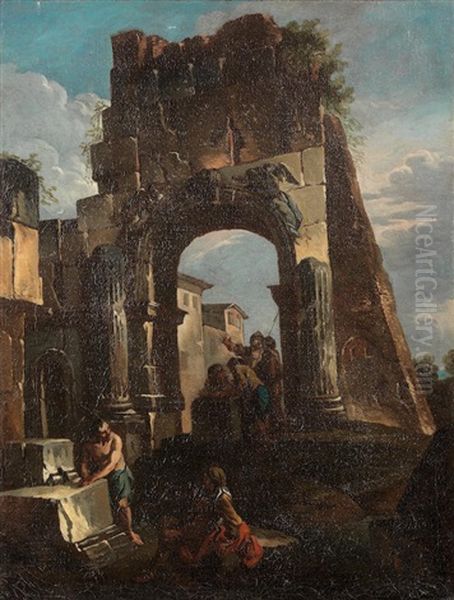 A Capriccio Of Ruins With Figures Resting Before A Roman Church by Andrea Locatelli