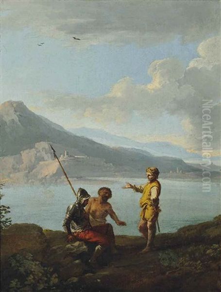 An Extensive River Landscape With Soldiers Conversing by Andrea Locatelli