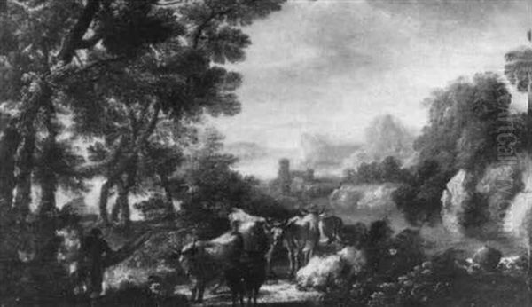 An Italianate Landscape With A Drover And Cattle On A Track by Andrea Locatelli