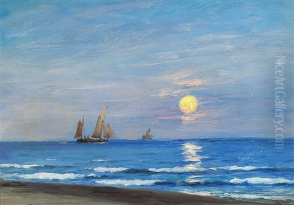 Sailing Boats Off The Coast, Full Moon by Carl Ludvig Thilson Locher