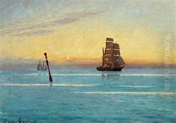 Sunset Over The Sea With Sailing Ships by Carl Ludvig Thilson Locher