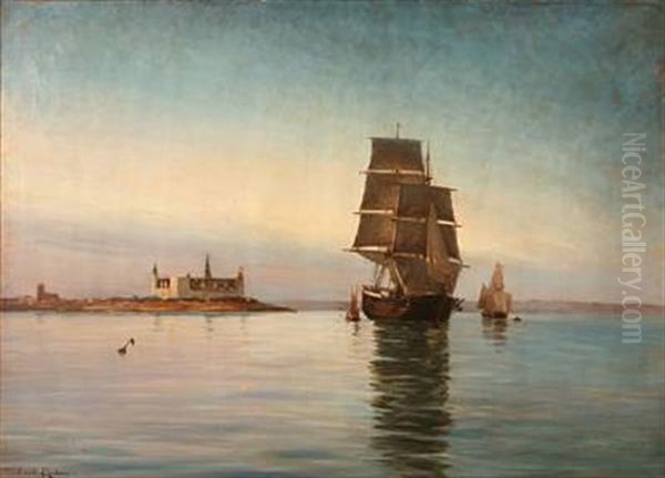 Sailing Ships Off The Coast Of Elsinore Castle by Carl Ludvig Thilson Locher