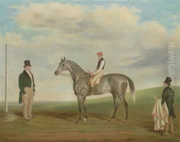 A Grey Racehorse With Jockey Up, With A Gentleman And A Stableboy by James Loder Of Bath