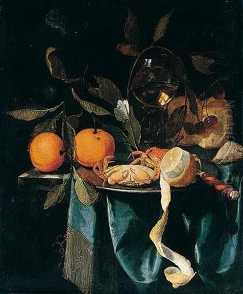 A Still Life Of Oranges, A Wine Glass, Cherries, Bread And Tobacco With Crabs, A Knife And A Peeled Lemon On A Pewter Plate, All On A Marble Ledge by Harmen Loeding