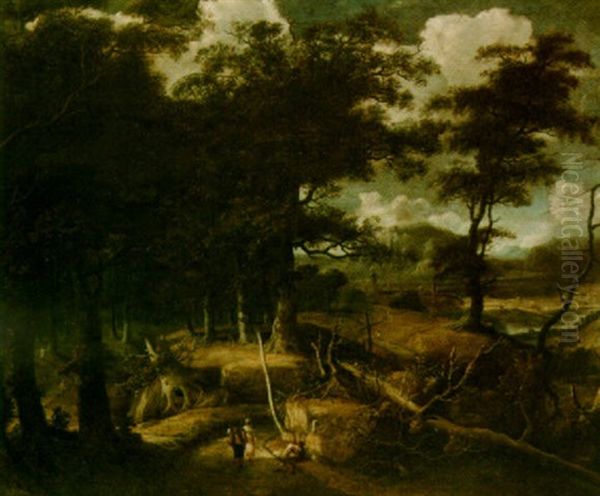 An Extensive Wooded Landscape With Travellers On A Path by Jan Looten