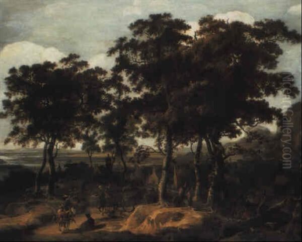 An Extensive River Landscape With A Hawking Party In The Foreground by Jan Looten