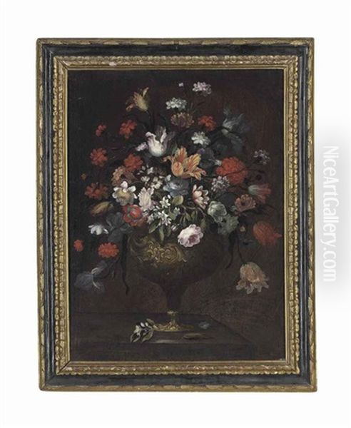 Parrot Tulips, Roses, Carnations And Other Flowers In A Carved Giltwood Vase On A Stone Ledge; And Anemones, Roses, Orange Blossoms And Other Flowers In A Vase With Plums On A Stone Ledge (one Illustrated) (pair) by Gasparo Lopez