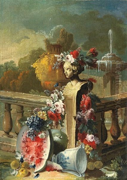 Stillleben Mit Blumen, Fruchten Und Weiblicher Buste Vor Einer Parklandschaft by Gasparo Lopez