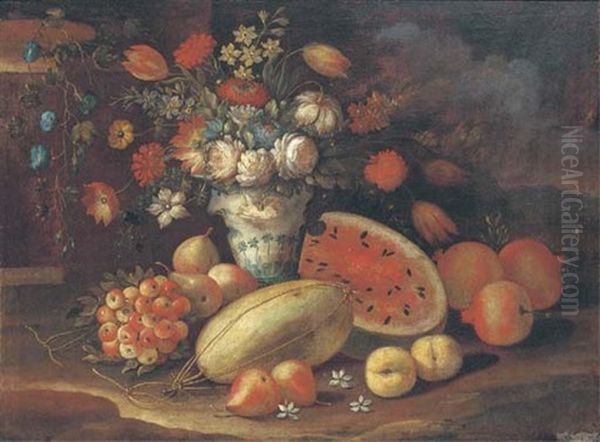 Roses, Tulips, Morning Glory And Other Flowers In A Vase With Melons, Pears, Pomegranates And Berries In A Clearing by Gasparo Lopez