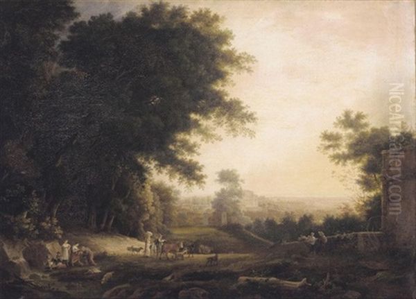 An Italianate Landscape With Figures Drinking From A Spring, A Villa Beyond by Claude Lorrain