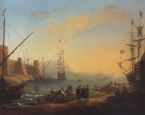 A Mediterranean Harbour With Shipping And Merchants On The Shore by Claude Lorrain