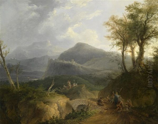 Gebirgige Landschaft Mit Einer Bergstadt Und Lagernden Soldaten by Philip James de Loutherbourg