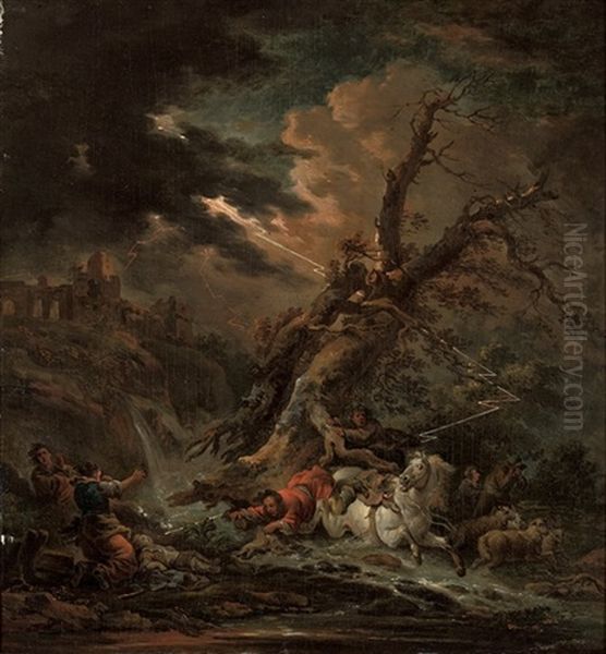 A Stormy River Landscape With A Traveler Struck By Lightning by Philip James de Loutherbourg