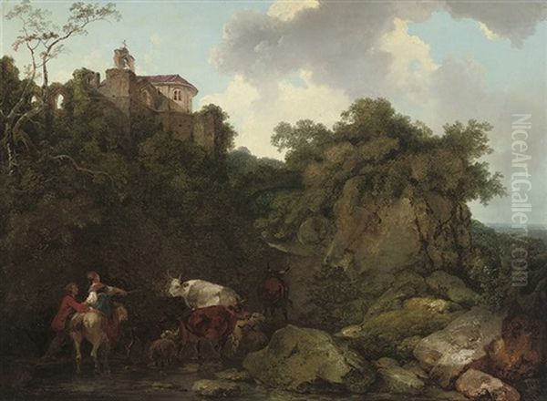 A Rocky Wooded Landscape With Peasants And Cattle On A Track, A Classical Building Beyond by Philip James de Loutherbourg