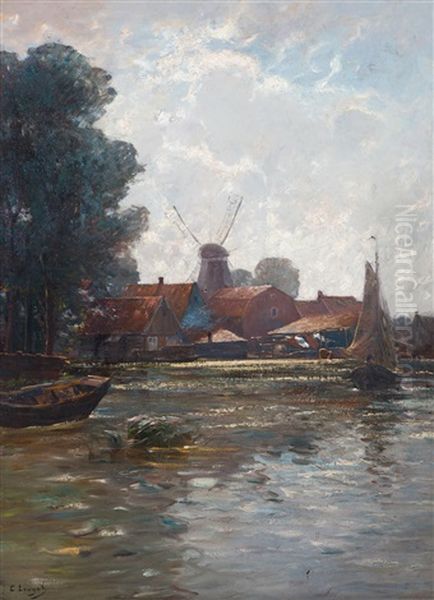 Hollands Landschap Met Boerderij En Molen Aan Een Vaart by Edmond Louyot