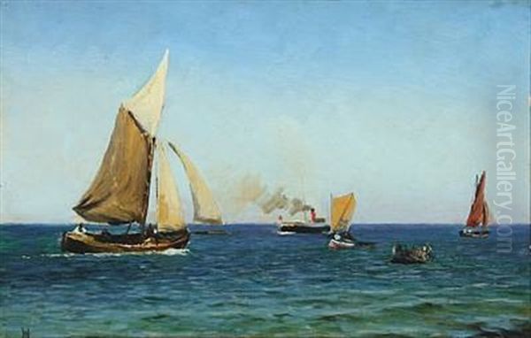 Seascape With Steamer And Costal Scenery With Boathouse (2 Works) by Holger Luebbers