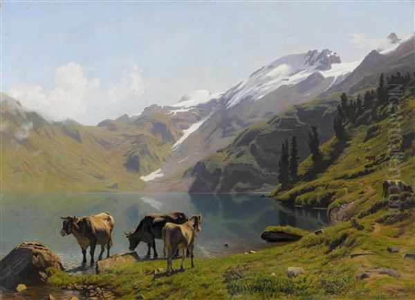 Weidende Kuhe Am Engstlensee Mit Wendestocken by Albert Lugardon