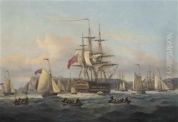 H.m.s. Bellerophon Lying At Anchor Off Berry Head, Torbay With The Defeated Emperor Napoleon Onboard Prior To His Transfer Onto H.m.s. Northumberland by Thomas Luny