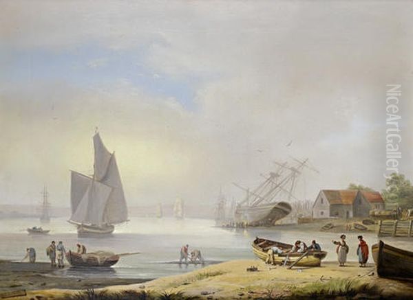 Careening A Two-master On The Foreshore Of The River Exe Above Exemouth, With A Shipyard Beyond by Thomas Luny