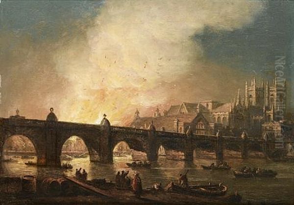 The Old Palace Of Westminster Ablaze On 16th October, A View From The River Just Below Old Westminster Bridge by Thomas Luny