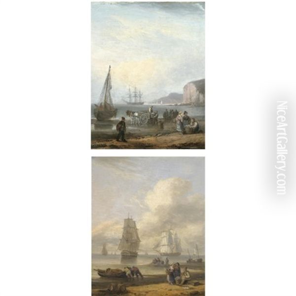 Fisherfolk On The Shore, Shipping Beyond (pair) by Thomas Luny