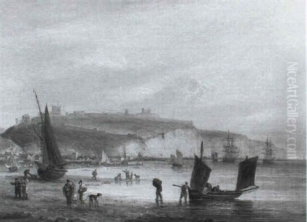 A Panoramic Coastal View With Figures And Boats by Thomas Luny