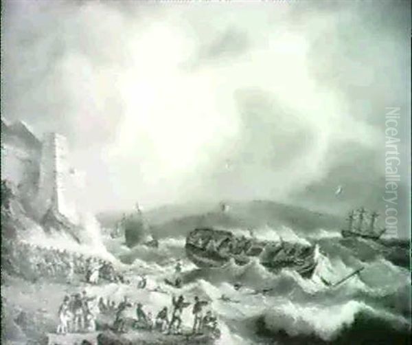 Figures Rescuing Survivors From A Shipwreck In A Storm by Thomas Luny