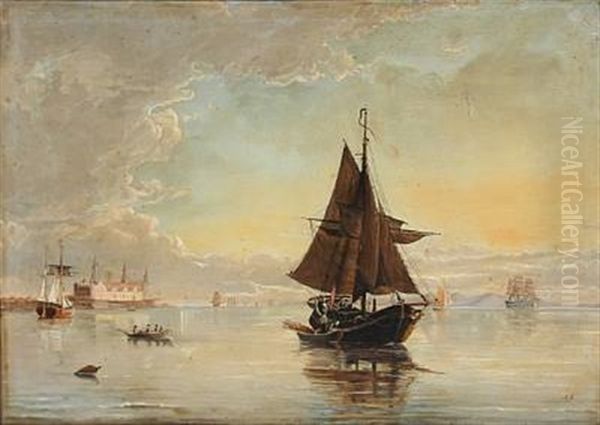 Sailing Ships With Kronborg Castle In The Background by Mathias Jakob Frederik Luetken