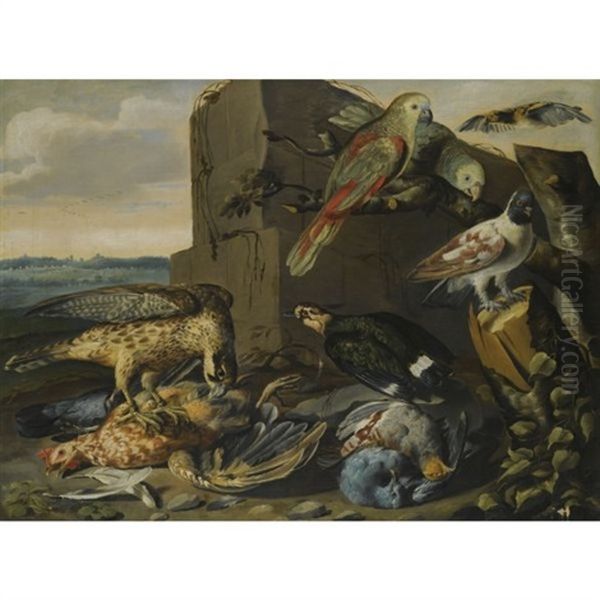 Landscape With Exotic Birds, Dead Game And An Eagle Attacking A Hen by Christiaan Luycks