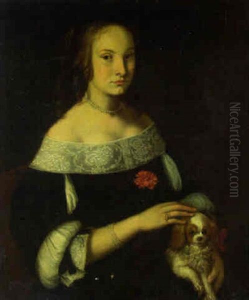 Portrait Of A Lady, Seated Half-length, With A Carnation, Holding A Spaniel by Frans Luyckx