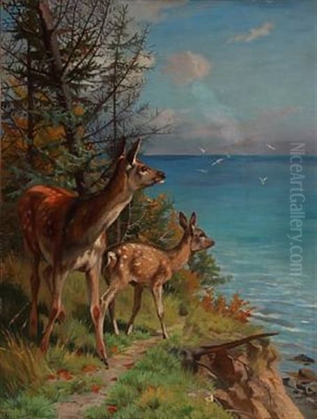 Two Deer At A Cliff by Adolf Heinrich Mackeprang