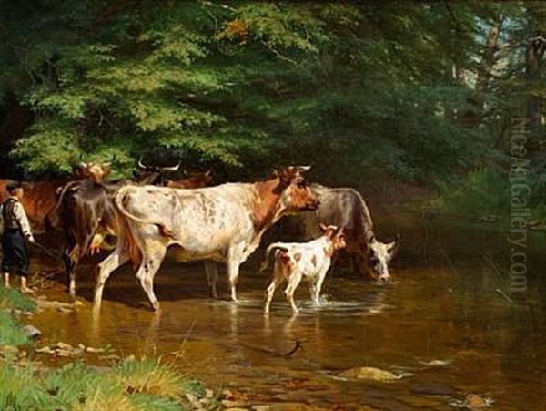 Cows Drinking From A River by Adolf Heinrich Mackeprang