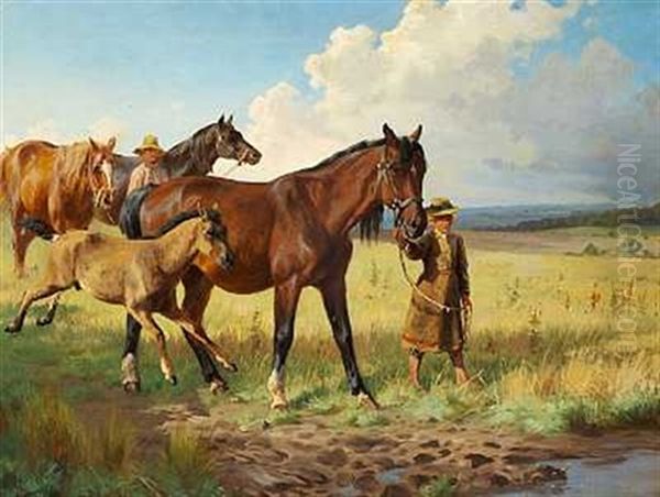 Heste Og Fol Folges Til Vandingsstedet by Adolf Heinrich Mackeprang