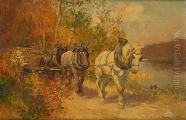 Chevaux De Debardage En Bord D'etang by Jacques Madyol