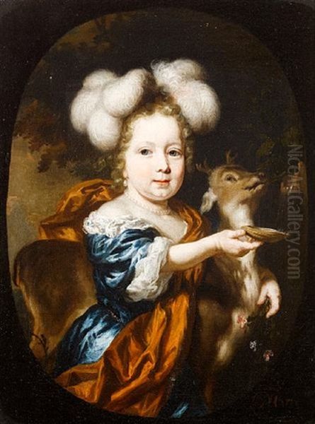 Portrait Of A Young Girl In A Blue Silk Dress And Russet Shawl, Her Arm Around A Young Deer, Holding A Sprig Of Flowers... by Nicolaes Maes