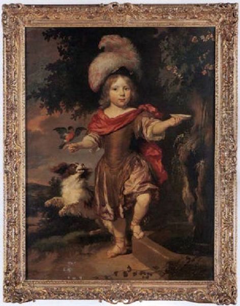 Portrait Of A Boy Wearing Classical Dress Ans Plumed Hat, A Dog By His Side by Nicolaes Maes