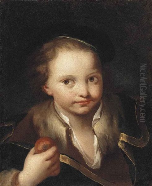 Portrait Of A Boy, Bust-length, In A Brown Shirt, Blue Overcoat And Hat, Holding An Apple by Domenico Maggiotto