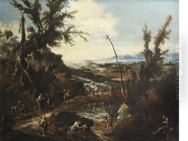 An Extensive Wooded Landscape With A Hermit, Travellers And Other Figures By A River With A Bridge by Alessandro Magnasco