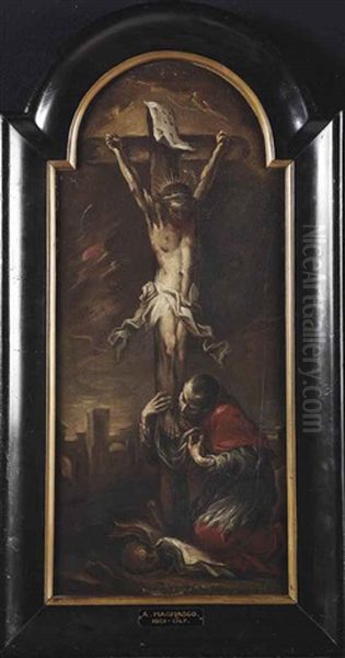 Christ On The Cross With Saint Karl Borromeus Mourning At His Feet by Alessandro Magnasco