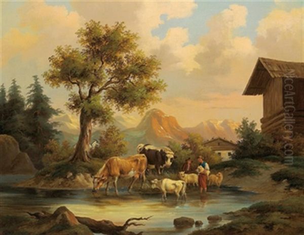 Weidevieh Mit Hirten An Der Tranke by Edmund Mahlknecht