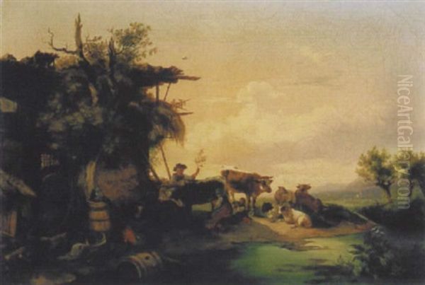 Flusslandschaft Mit Bauernfamilie Und Kuhen by Edmund Mahlknecht