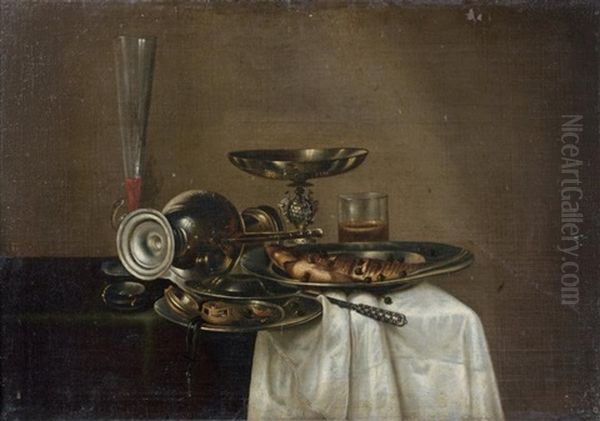 Nature Morte Au Pichet, Sel Et Pate Et Nature Morte Au Verre De Vin Et Assiette De Poisson (pair) by Cornelis Mahu